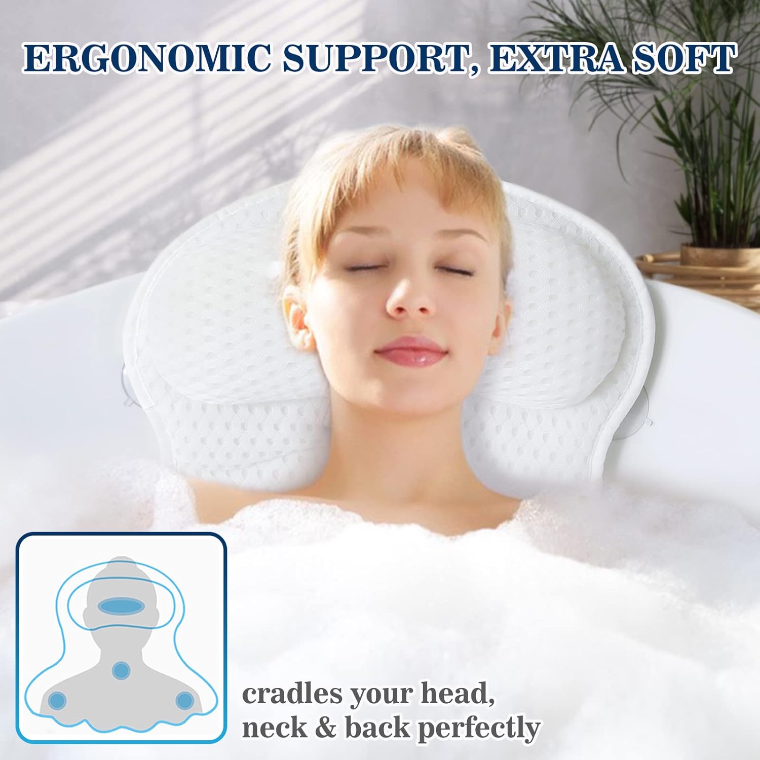 Bath Pillow Bathtub Pillow, Luxury Bath Pillows for Tub Neck and Back Support, Bath Tub Pillow Headrest with Soft 4D Mesh Fabric and Non-Slip Suction Cups, Relaxing Bath Accessories Spa Gifts - Image 2