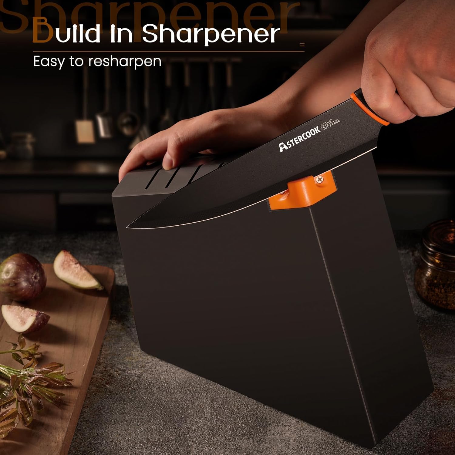 Knife Set, Astercook 15 Pcs Dishwasher Safe Kitchen Knife Set with Built-in Sharpener, High Carbon German Stainless Steel Black Knife Block Set - Image 4