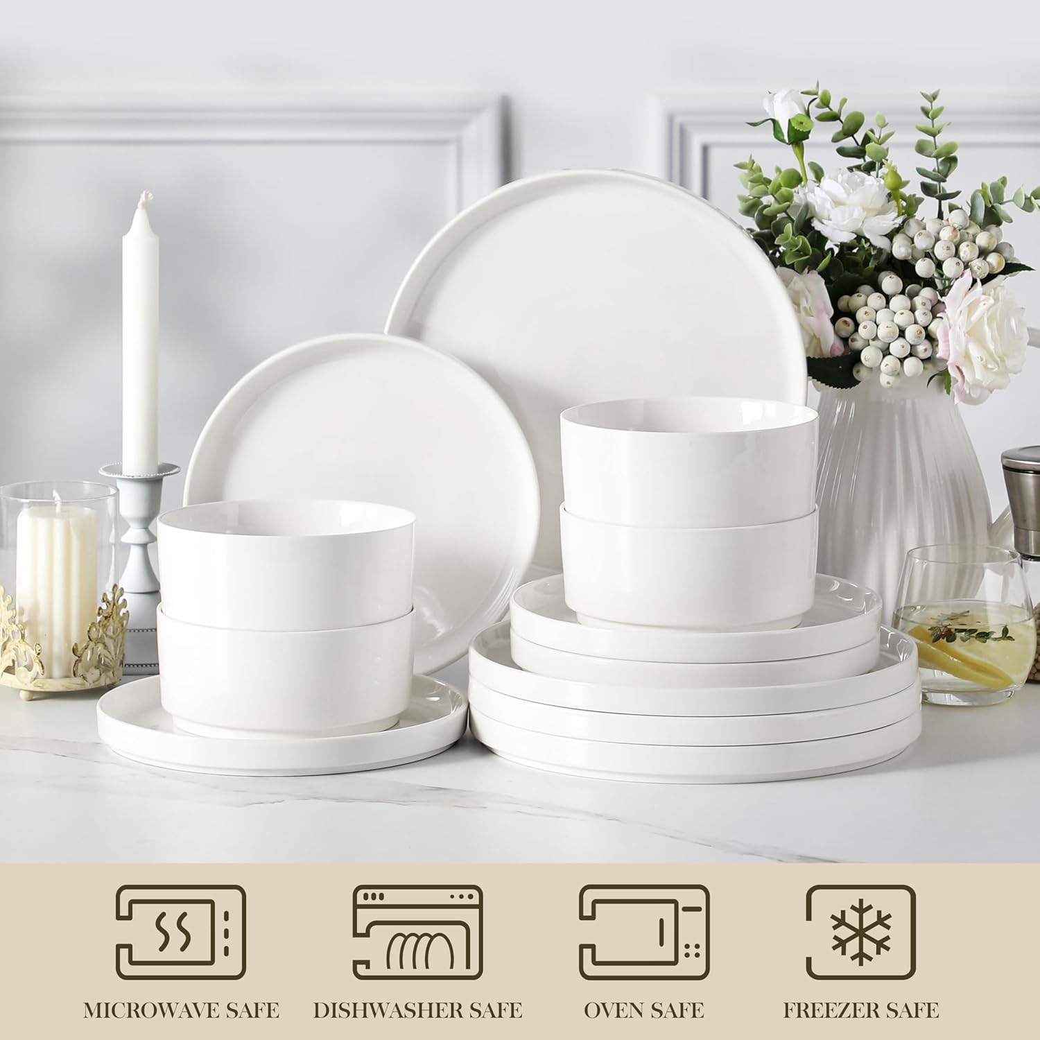 MALACASA 12 Pieces Porcelain Dinnerware Set, Modern White Dish Set for 4, Premium Serving Plates and Bowls Sets, Chip and Scratch Resistant Dishware Sets Kitchen Dishes Dining Ware Set, Series LEAH - Image 4