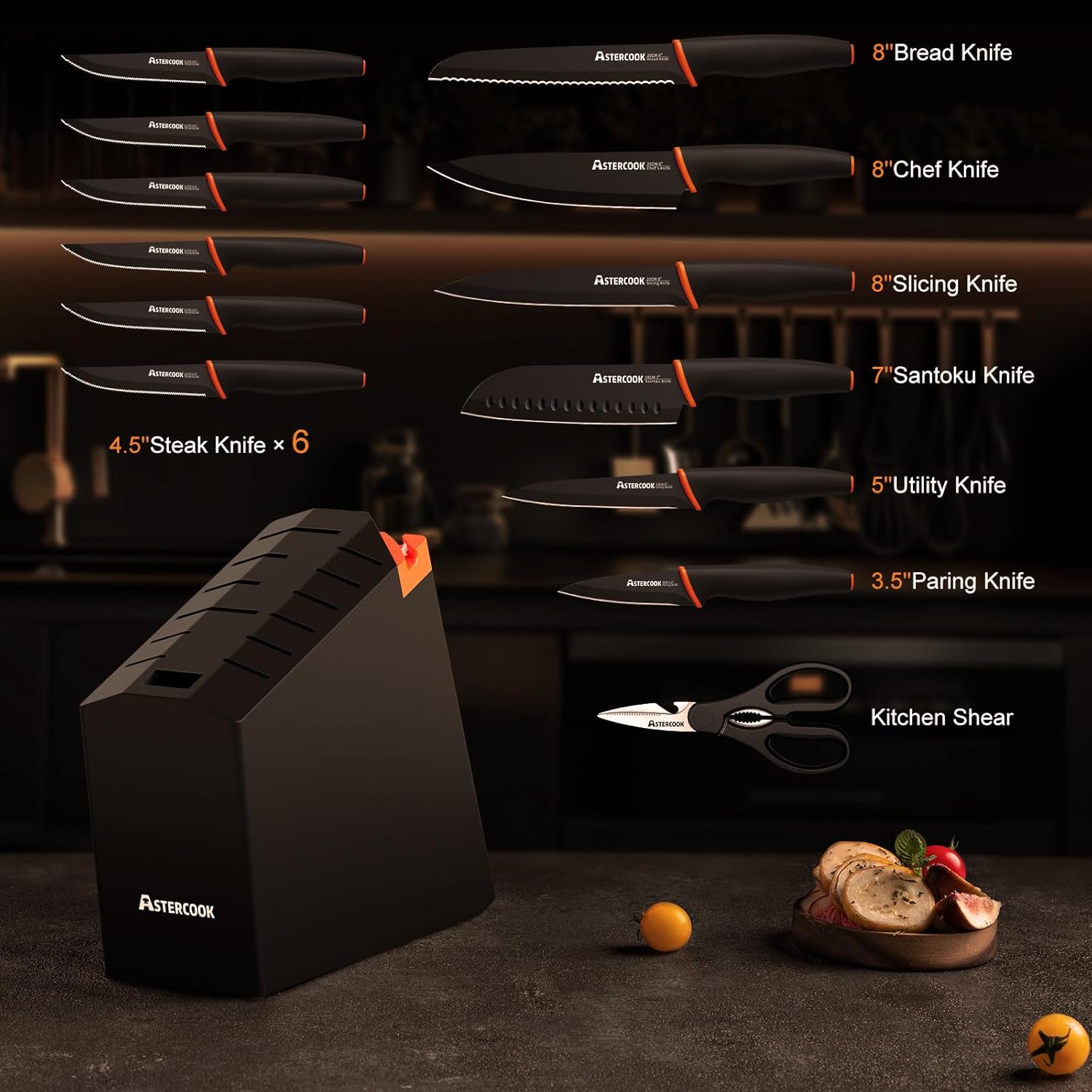 Knife Set, Astercook 15 Pcs Dishwasher Safe Kitchen Knife Set with Built-in Sharpener, High Carbon German Stainless Steel Black Knife Block Set - Image 2
