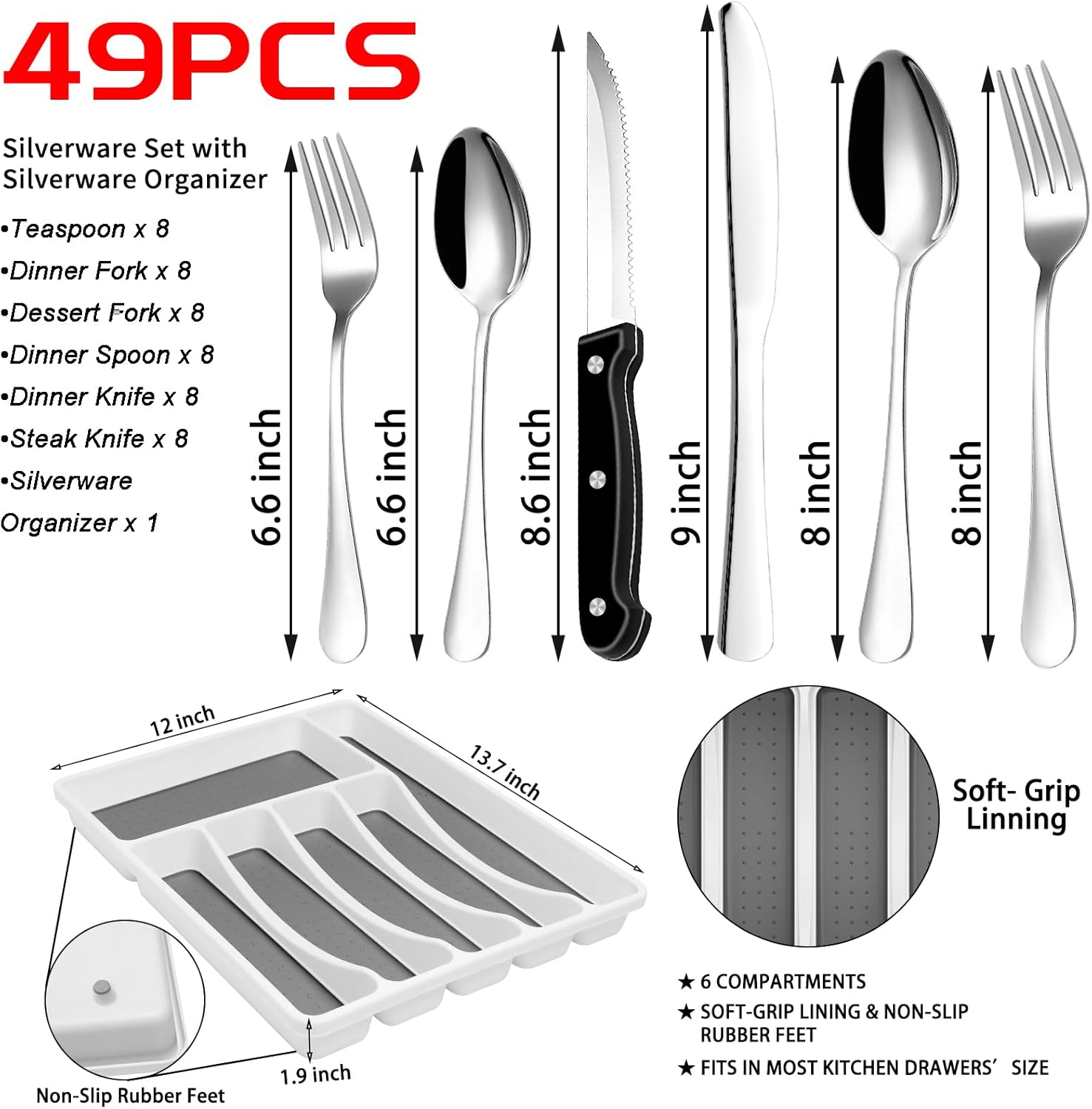 49-Piece Stainless Steel Silverware Set with Cutlery Organizer, Service for 8 with Steak Knives and Kitchen Utensils - Image 2