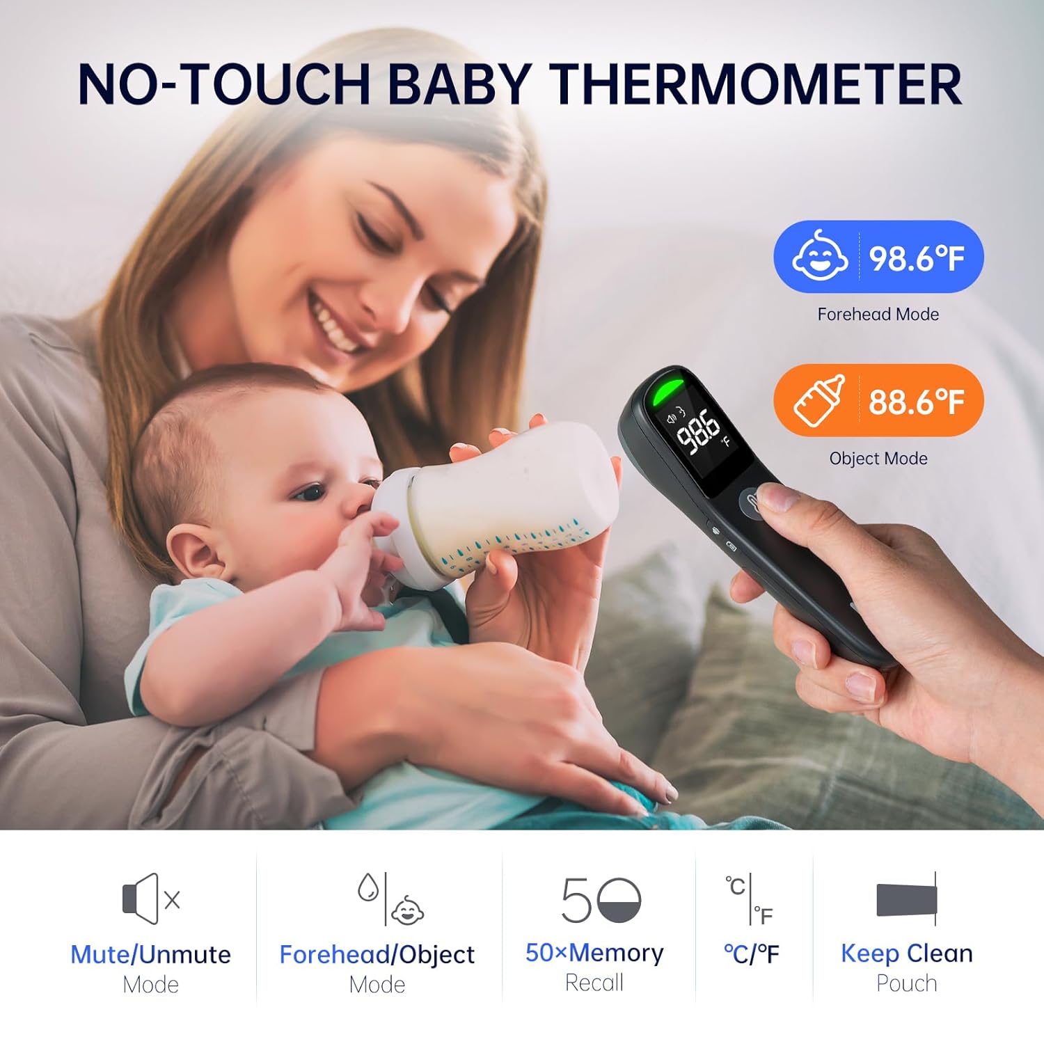 No-Touch Forehead Thermometer, 1s Accurate Reading and 3-Color Indicator, 2-in-1 Infrared Thermometer for Adults and Kids with Fever Alarm and Blue-ray Indication, Black - Image 4