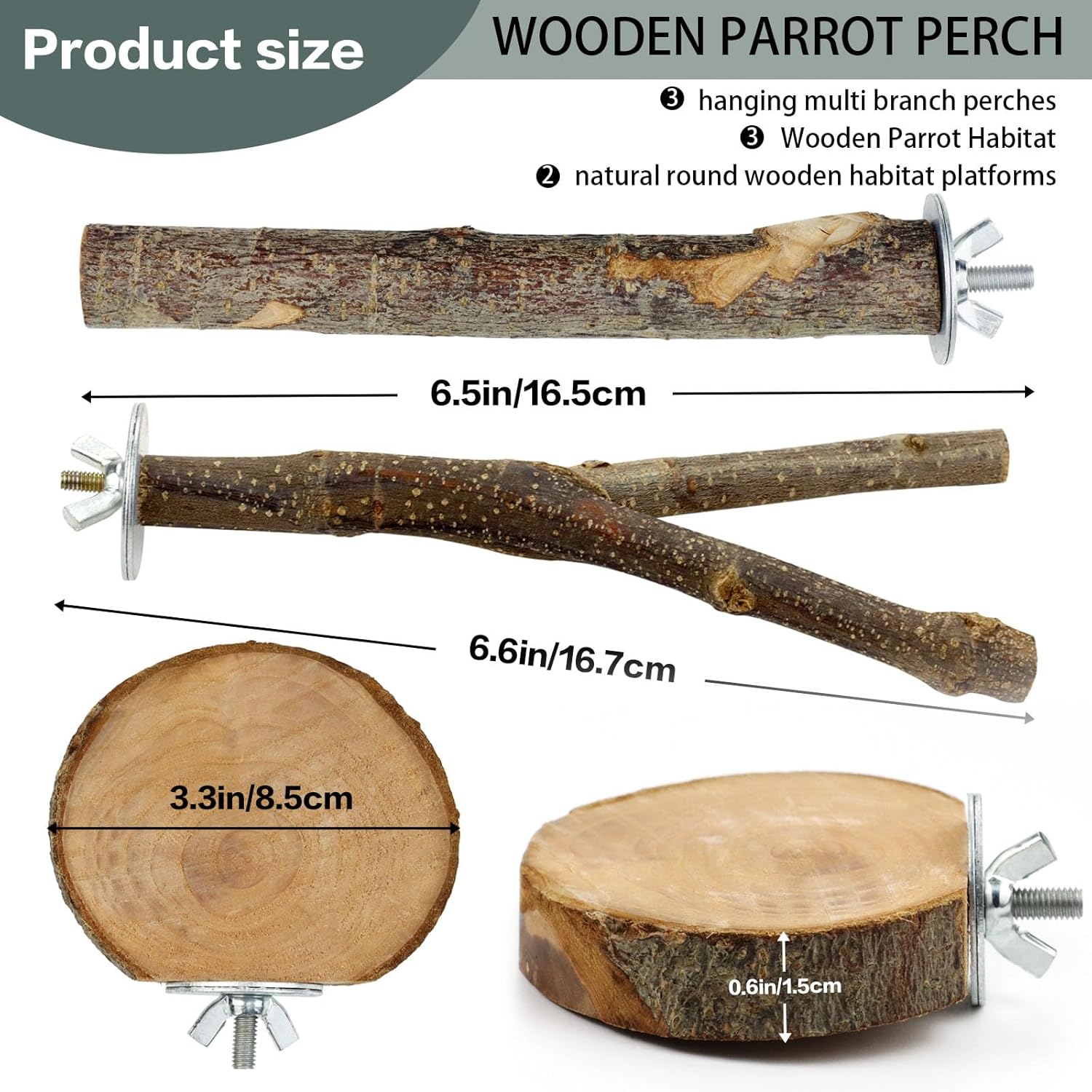 8 Pieces Natural Wood Bird Perch Wooden Parrot Perch Stand Fork Toys Hanging Multi-Branch Perch Platform Hammock Swing Toy for Macaws, Small Parakeets, Conures, Budgies, Finches - Image 3