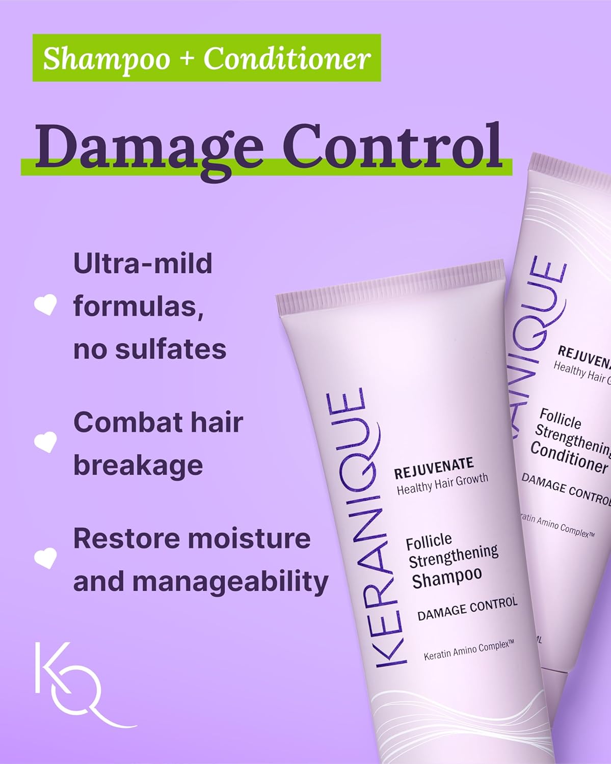 Keranique Damage Control Set for Thinning Hair - Shampoo & Conditioner for Damaged Hair, Follicle Booster Serum, Lift & Repair Spray - Keratin Enriched Repair Products for Dry, Thin Hair - Travel Size - Image 2