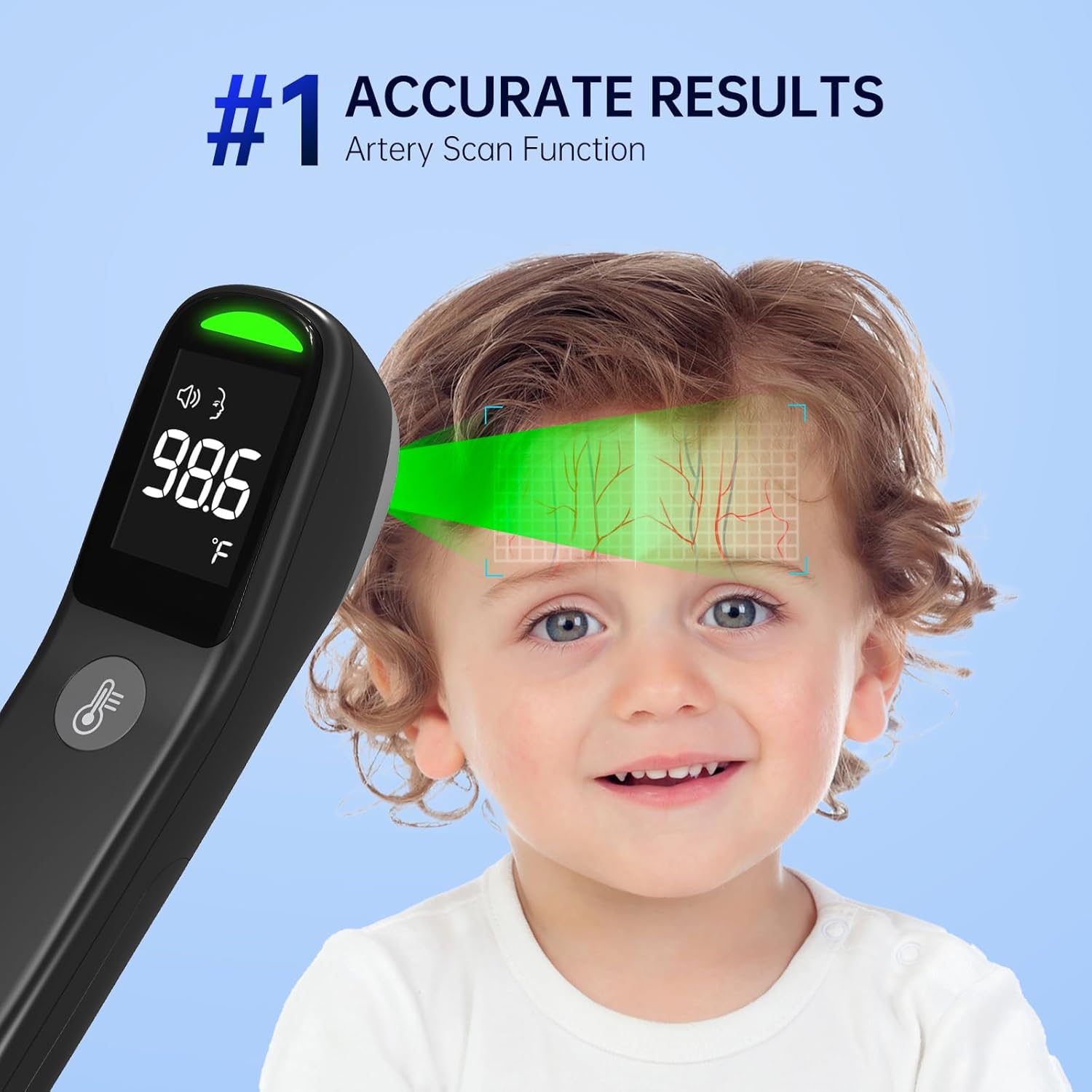 No-Touch Forehead Thermometer, 1s Accurate Reading and 3-Color Indicator, 2-in-1 Infrared Thermometer for Adults and Kids with Fever Alarm and Blue-ray Indication, Black - Image 2