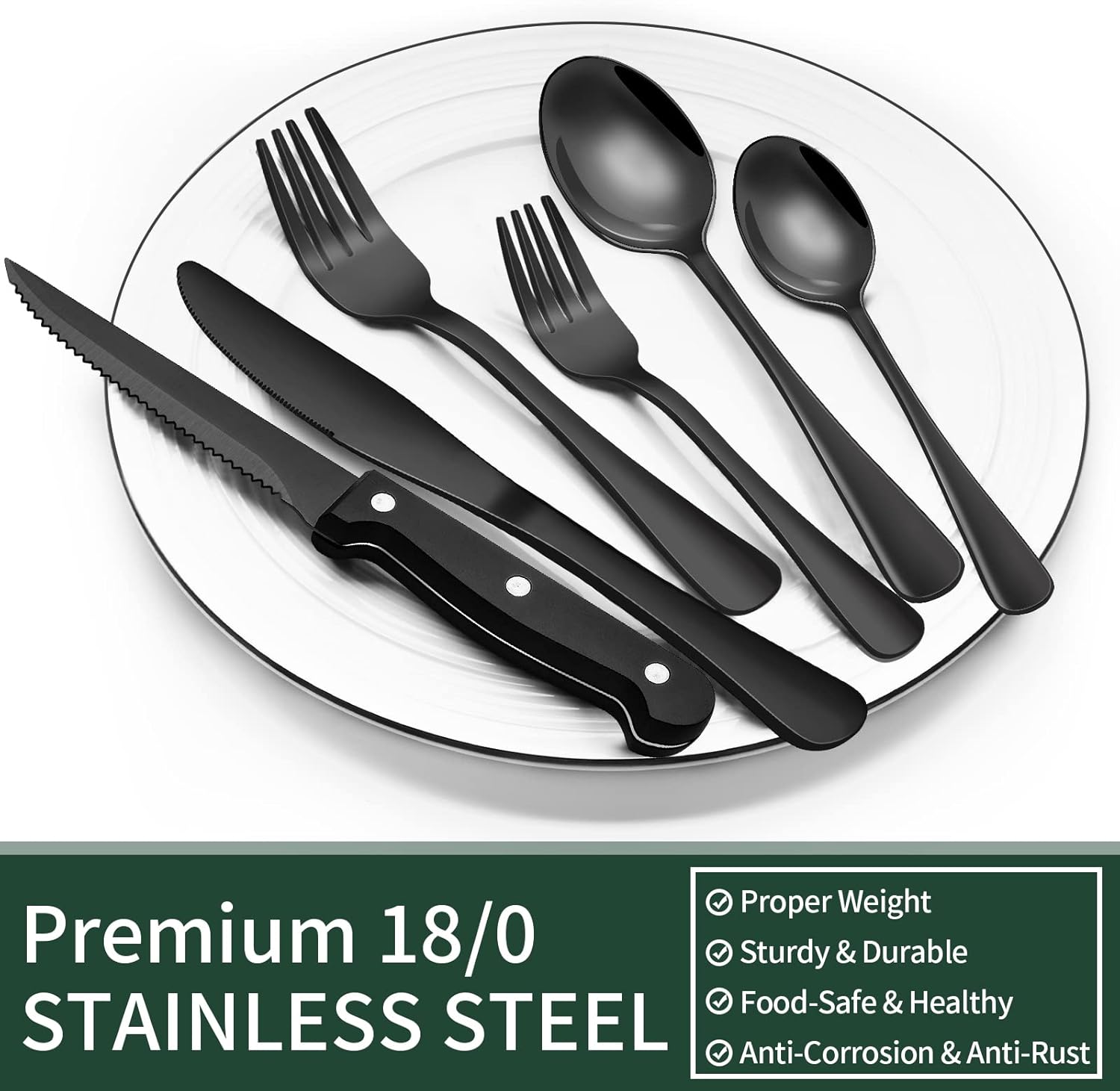 24-Piece Black Silverware Set with Steak Knives, Black Flatware Set for 4, Food-Grade Stainless Steel Tableware Cutlery Set, Mirror Finished Utensil Sets for Home Restaurant - Image 3