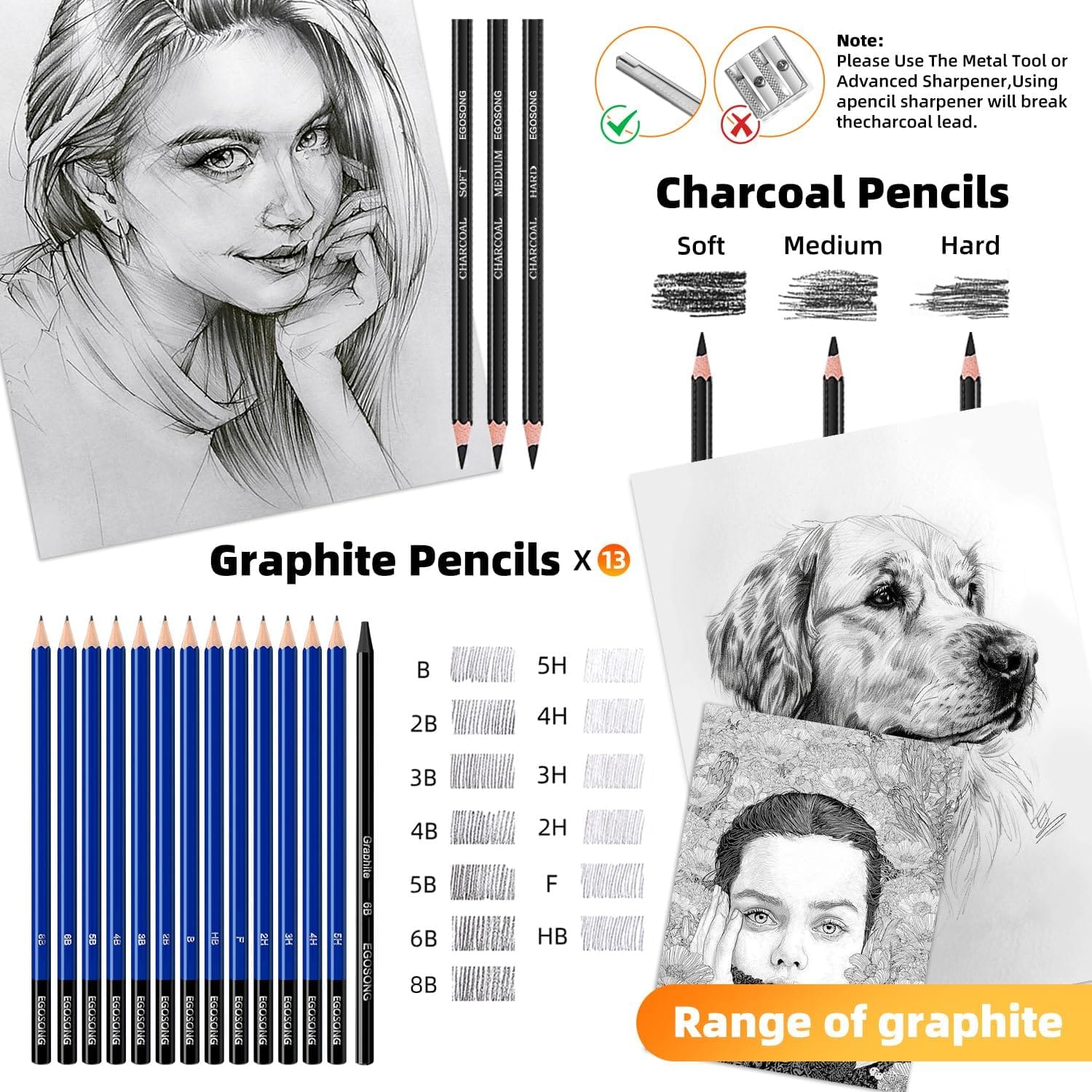 EGOSONG Drawing Set Sketch Pencils Kit,57 Pieces Sketching Supplies with 3-Color Sketchbook,Graphite,Charcoal Pencil and Sticks,Pro Art Supplies Kit for Artists Adults Teens Beginners Kids - Image 3