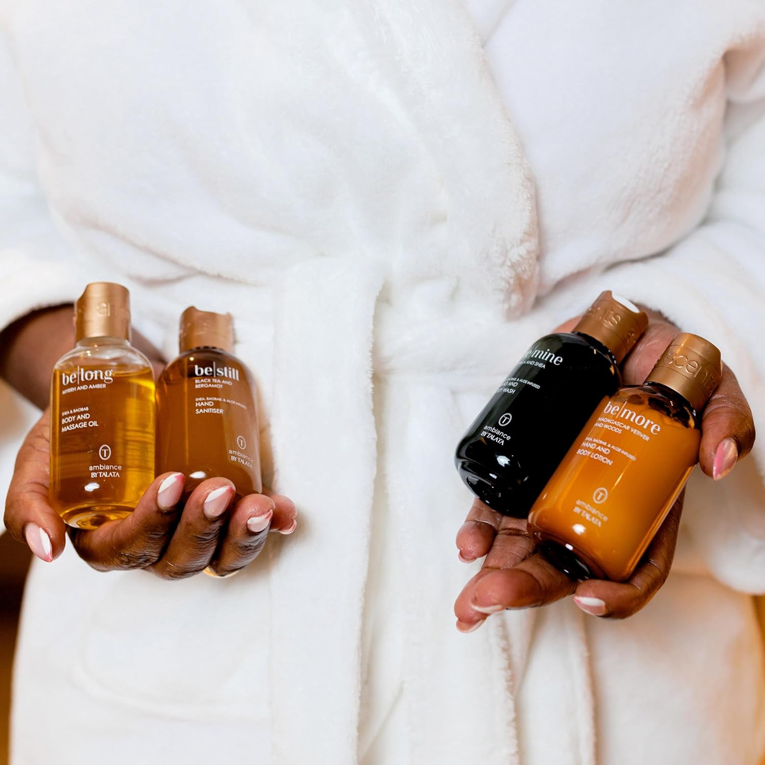 4pc Travel Essentials & Discovery Set - Hand & Body Lotion, Body Oil, Hand & Body Wash, Hand Sanitizing Gel - 4 x 80ml Bottles (2.67 Fl Oz, Black Tea & Bergamot | BE STILL) - Image 2