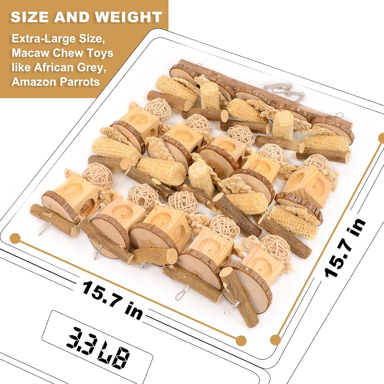 Extra Large Bird Parrot Chewing Toys for Big Birds, Suitable for Macaw, Cockatoo, African Grey, Amazon Parrots, 15.7"x15.7"x1.77", Natural Wood and Corn Husks, Extra Large Bird Cage Accessories - Image 2