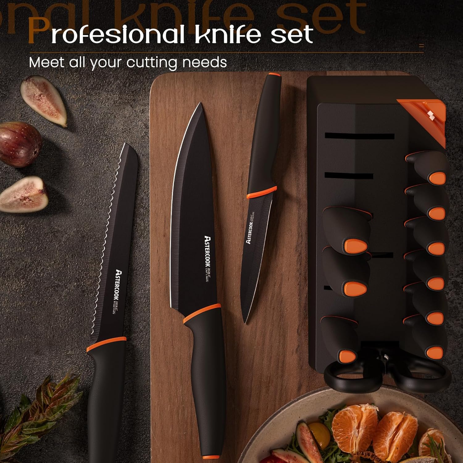 Knife Set, Astercook 15 Pcs Dishwasher Safe Kitchen Knife Set with Built-in Sharpener, High Carbon German Stainless Steel Black Knife Block Set - Image 6