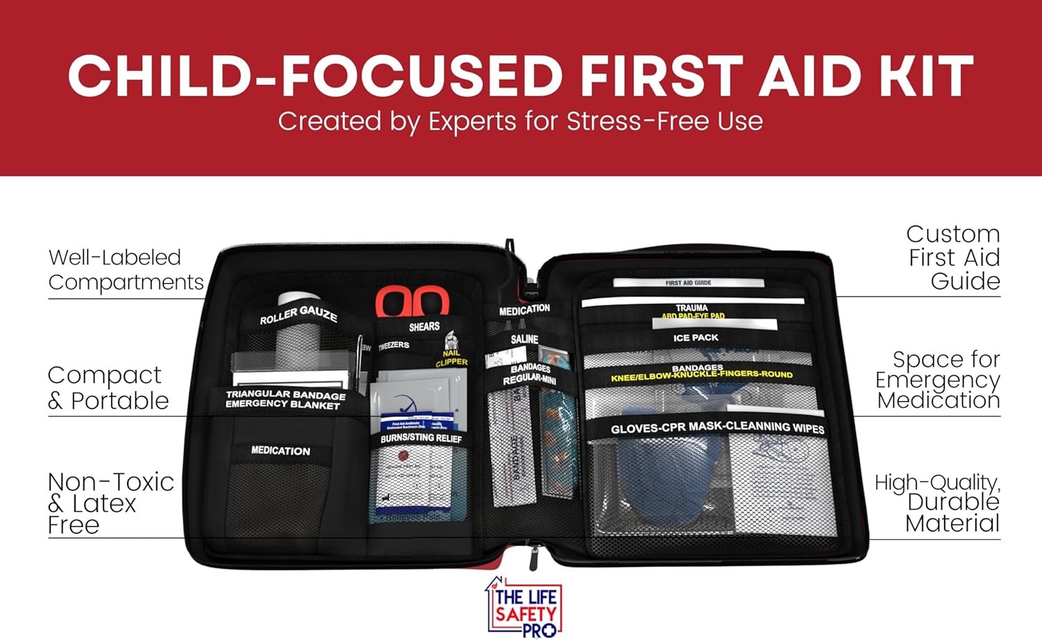 Portable First Aid Kit for Kids with CPR Shield - Ideal for Home, Car, School, Camping, and as a Travel First aid kit. Latex-Free Bandages – Children First Aid Guide by The Life Safety Pro - Image 2