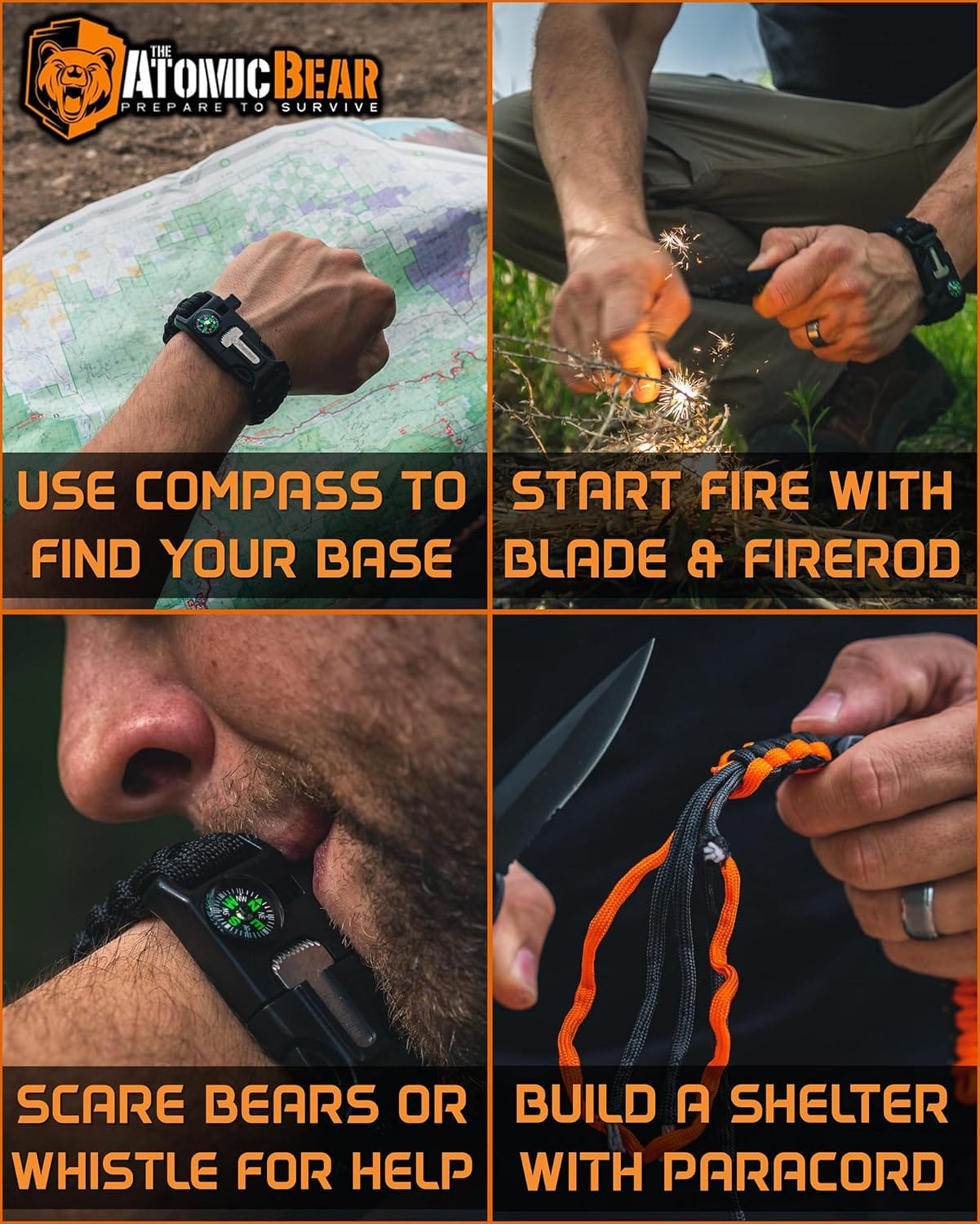Atomic Bear Paracord Bracelet (2 Pack) - Adjustable - Fire Starter - Loud Whistle - Perfect for Hiking, Camping, Fishing and Hunting - Black & Black+Orange - Image 3
