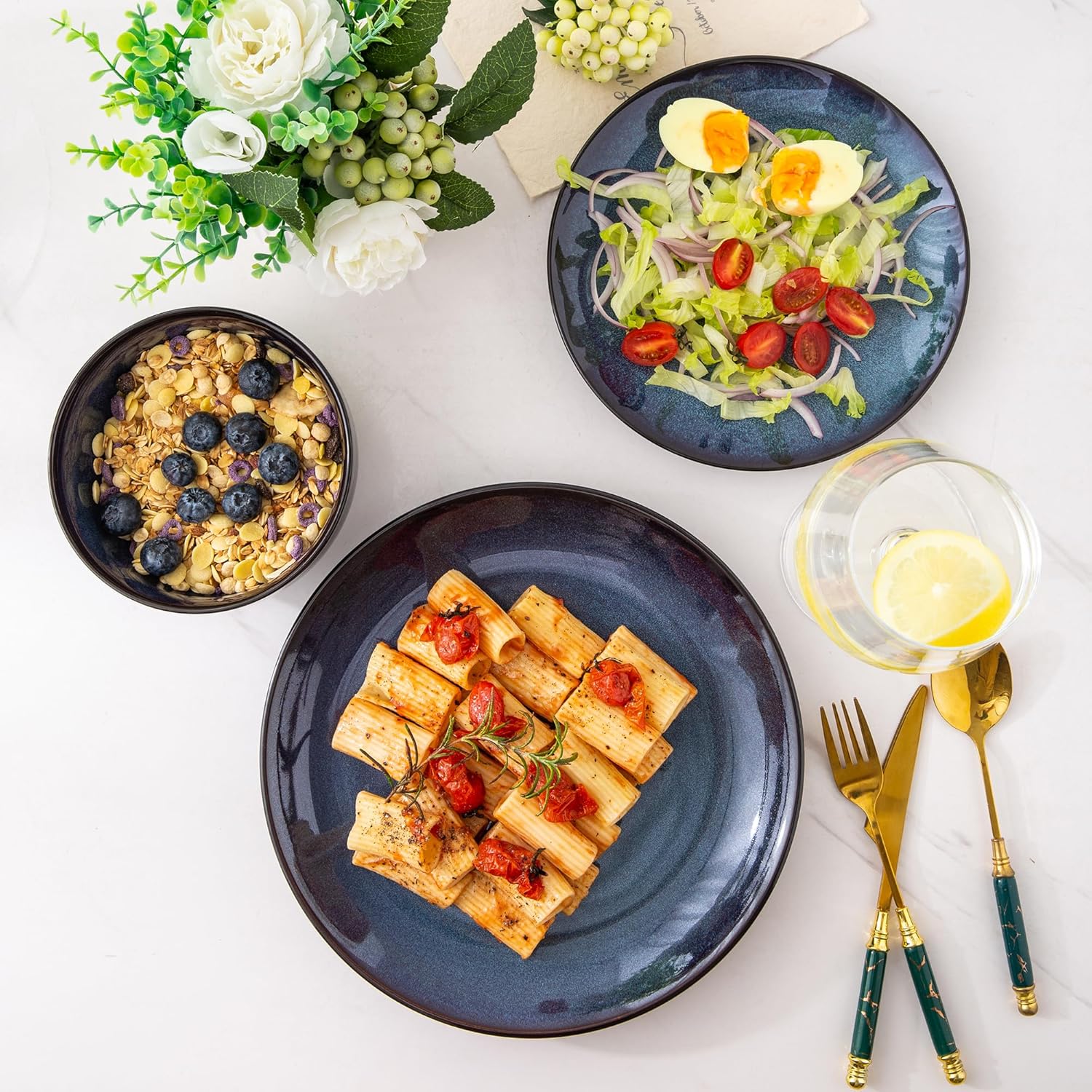 Ceramic Dinnerware Sets of 8,Stoneware Plates and Bowls Sets,Handmade Reactive Glaze Dishes Set,Chip Resistant and Scratch Resistant | Oven&Dishwasher & Microwave Safe-Blue(24PCS) - Image 4