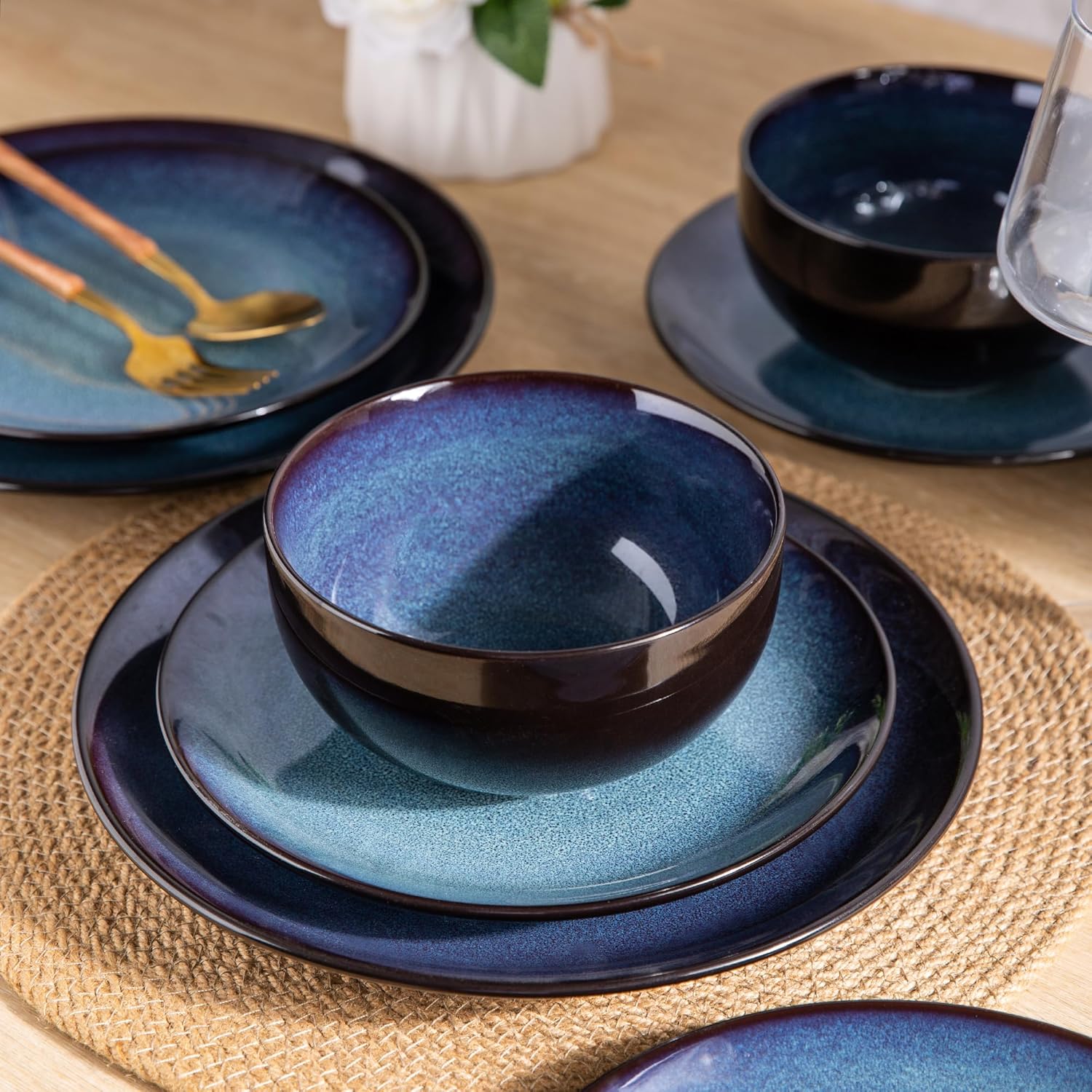 Ceramic Dinnerware Sets of 8,Stoneware Plates and Bowls Sets,Handmade Reactive Glaze Dishes Set,Chip Resistant and Scratch Resistant | Oven&Dishwasher & Microwave Safe-Blue(24PCS) - Image 2