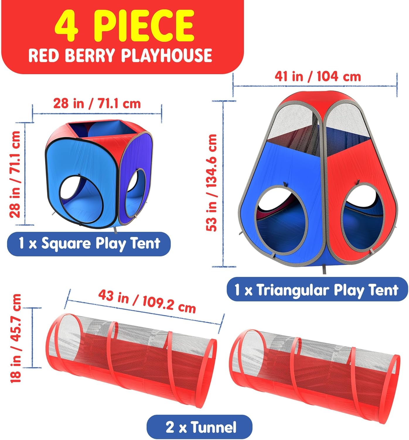 Playz 4pc Pop Up Play Tent and Tunnel Bundle for Toddlers and Kids - Indoor & Outdoor Playhouse With Storage Bag, Red & Blue - Image 3
