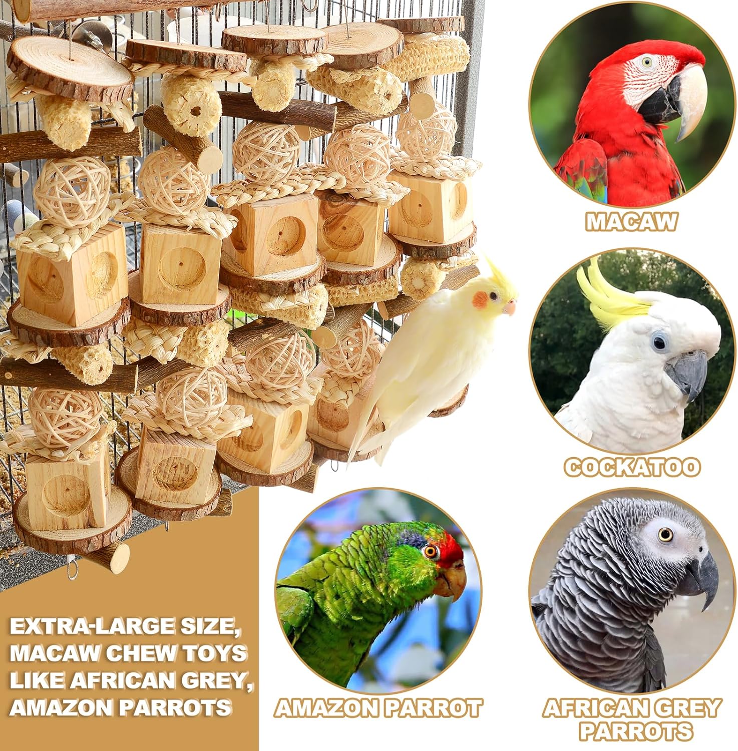 Extra Large Bird Parrot Chewing Toys for Big Birds, Suitable for Macaw, Cockatoo, African Grey, Amazon Parrots, 15.7"x15.7"x1.77", Natural Wood and Corn Husks, Extra Large Bird Cage Accessories - Image 3