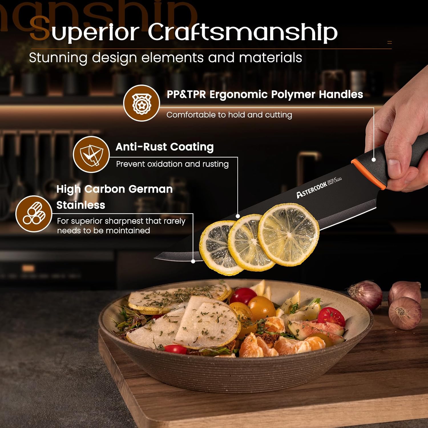 Knife Set, Astercook 15 Pcs Dishwasher Safe Kitchen Knife Set with Built-in Sharpener, High Carbon German Stainless Steel Black Knife Block Set - Image 5