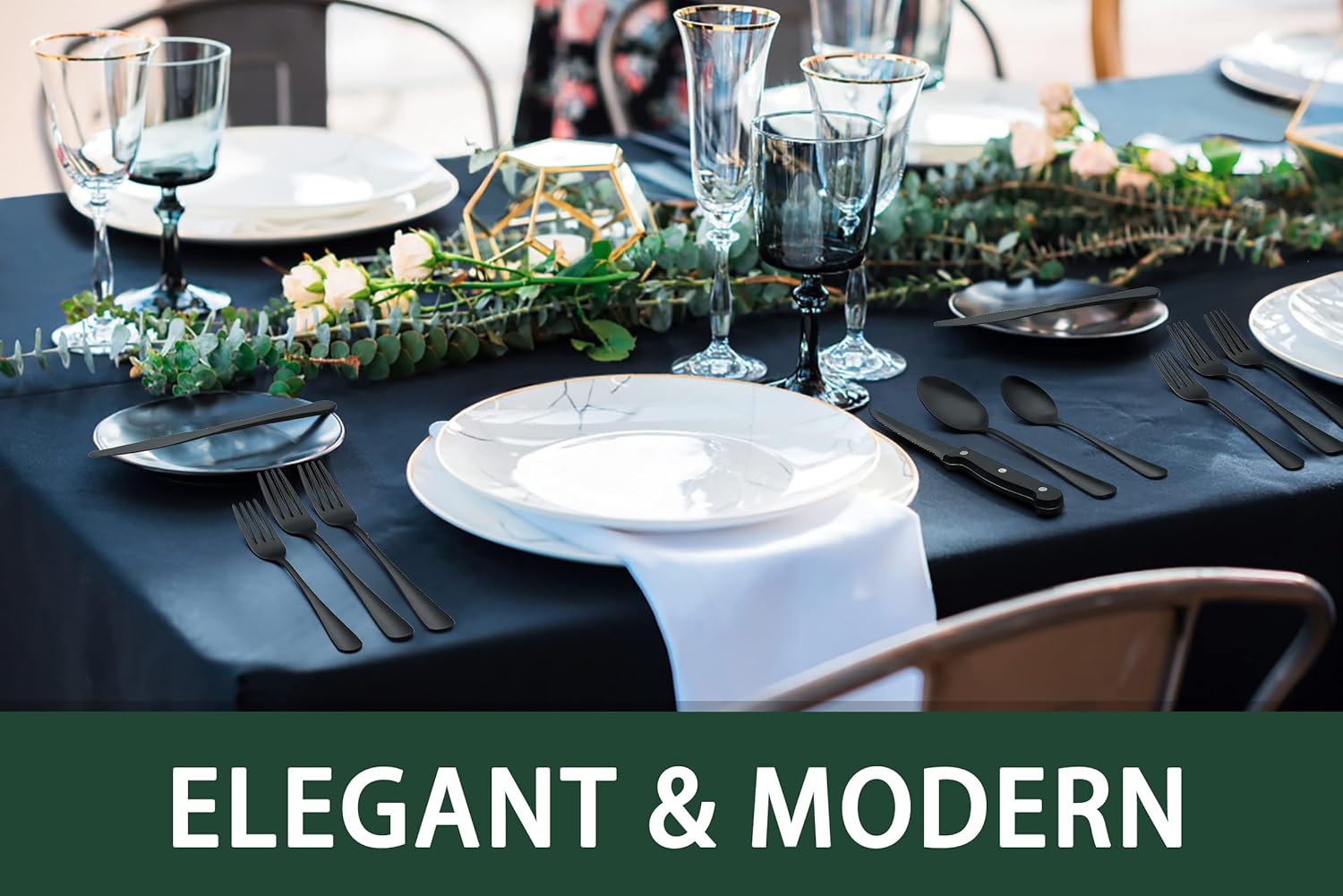 24-Piece Black Silverware Set with Steak Knives, Black Flatware Set for 4, Food-Grade Stainless Steel Tableware Cutlery Set, Mirror Finished Utensil Sets for Home Restaurant - Image 2