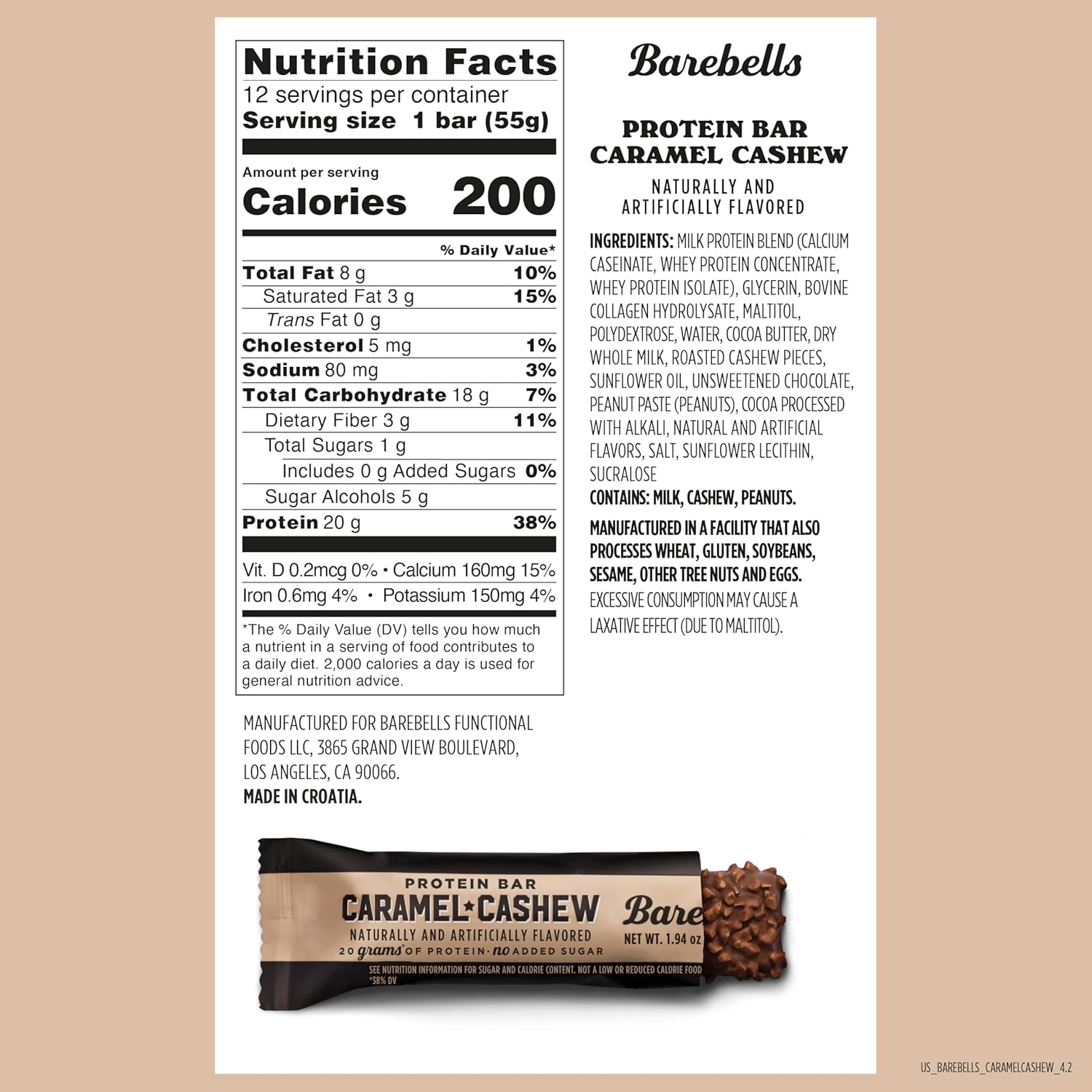 Barebells Protein Bars Caramel Cashew - 12 Count, 1.9oz Bars with 20g of High Protein - Chocolate Protein Bar with 1g of Total Sugars - Perfect on The Go Protein Snack & Breakfast Bar - Image 5