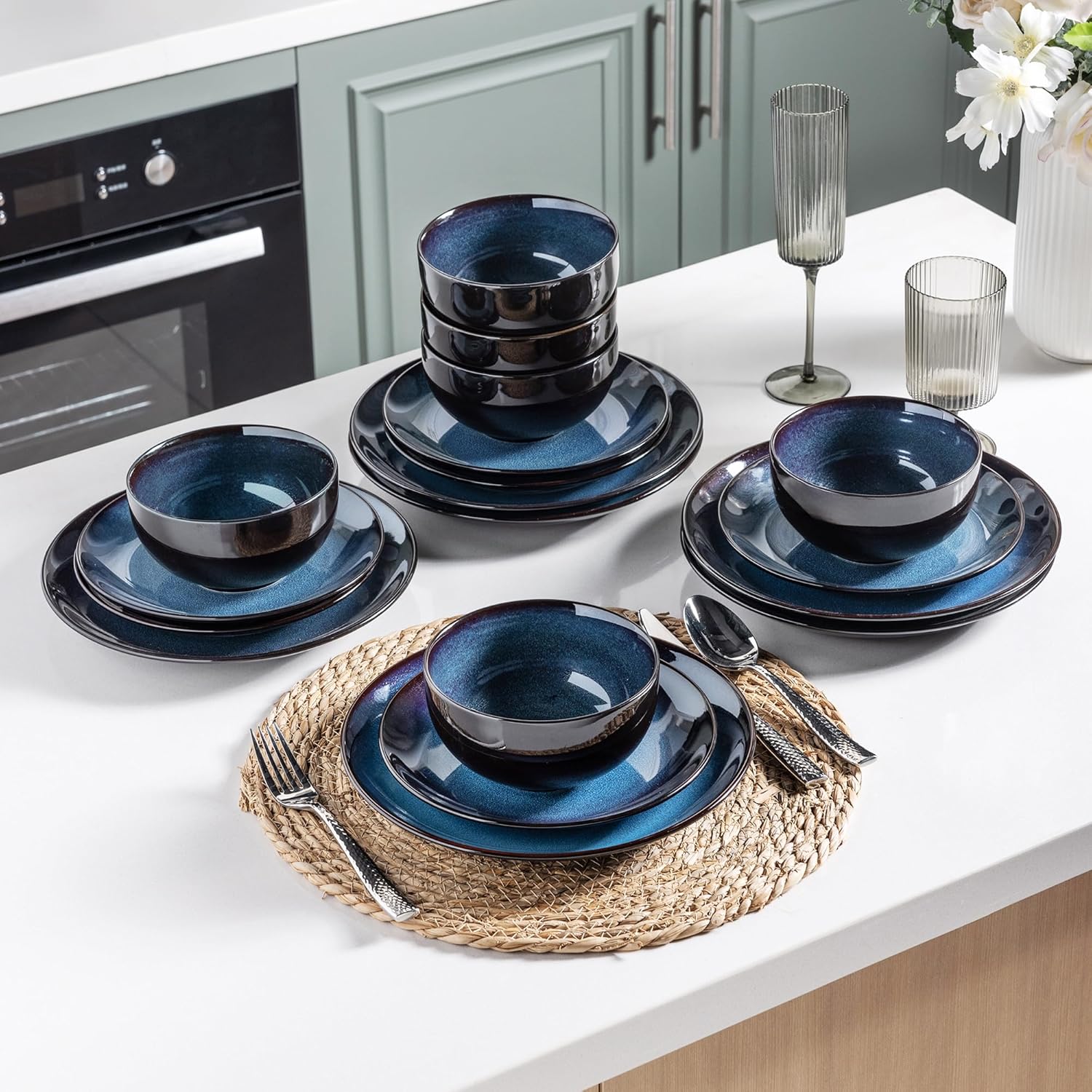 Ceramic Dinnerware Sets of 8,Stoneware Plates and Bowls Sets,Handmade Reactive Glaze Dishes Set,Chip Resistant and Scratch Resistant | Oven&Dishwasher & Microwave Safe-Blue(24PCS) - Image 3