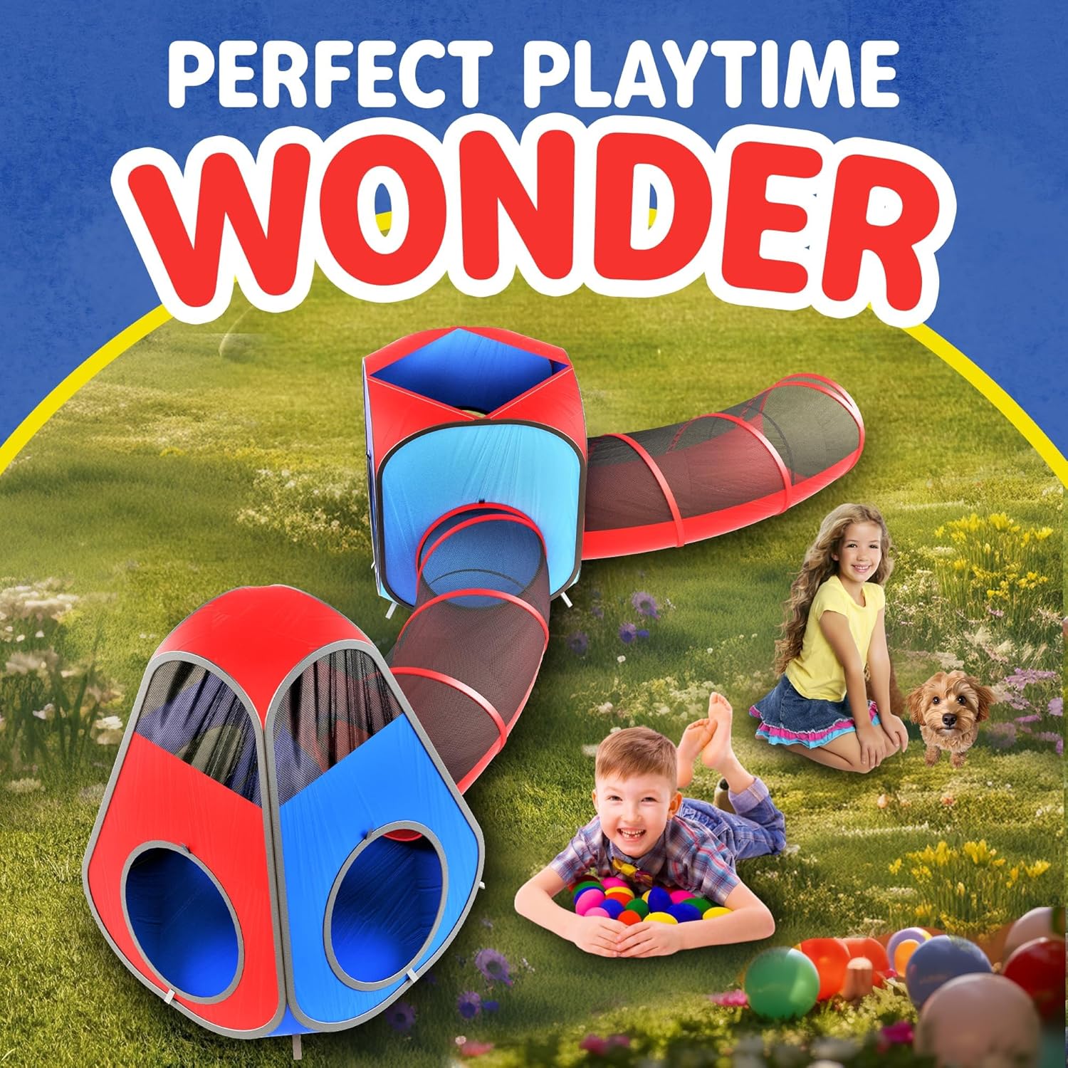 Playz 4pc Pop Up Play Tent and Tunnel Bundle for Toddlers and Kids - Indoor & Outdoor Playhouse With Storage Bag, Red & Blue - Image 4