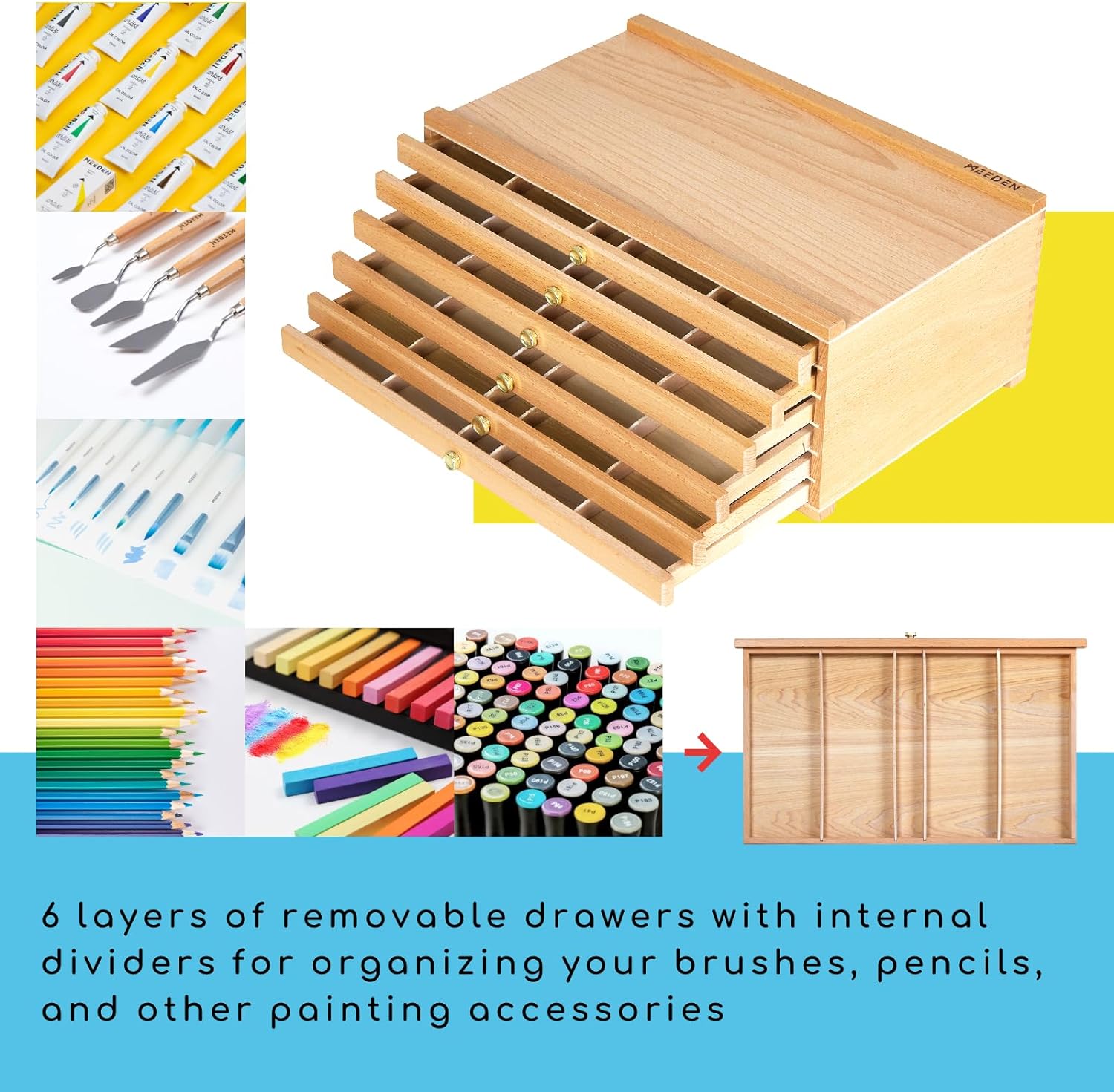 MEEDEN 6-Drawer Artist Supply Storage Box - Portable Foldable Multi-Function Beech Wood Artist Tool & Brush Storage Box with Compartments & Drawer for Pastels, Pencils, Pens, Brushes, Stamp - Image 2