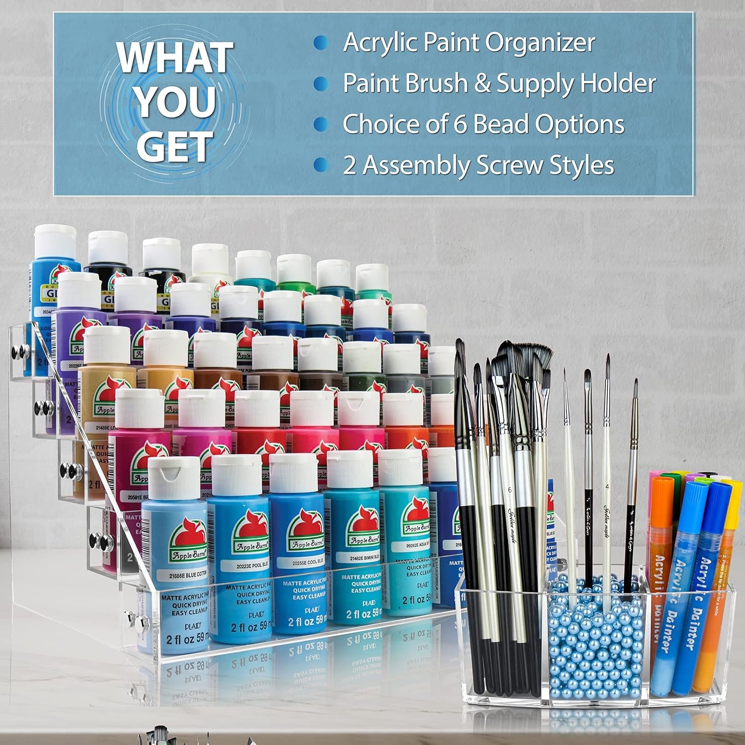 Paint Organizer & Paint Brush Holder Set. 6 Support Bead Options. Thick, Durable, Crystal-Clear Acrylic with Diamond-Polish Finish. Paint Bottle Organizer & Craft Paint Storage. SB - Image 2
